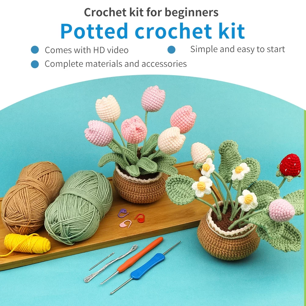 UzecPk Beginners Crochet Kit, Cute Flower Crochet Kit for Beginers and Experts, All in One Crochet Knitting Kit with Step-by-Step Instructions Video(Tulip and Strawberry)