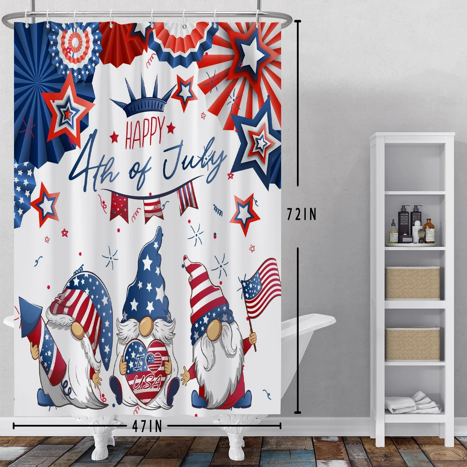 SUNOLIFE 4th of July Shower Curtain,Patriotic Independence Day Gnome Waterproof Fabric Bathroom Curtain with Hooks,72x72 in