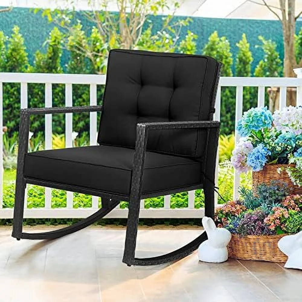 RSJIWOGZ Wicker Rocking Chair  Outdoor Glider Rattan Rocker Chair with Cushion for Garden  Porch  Backyard  Poolside  Grey