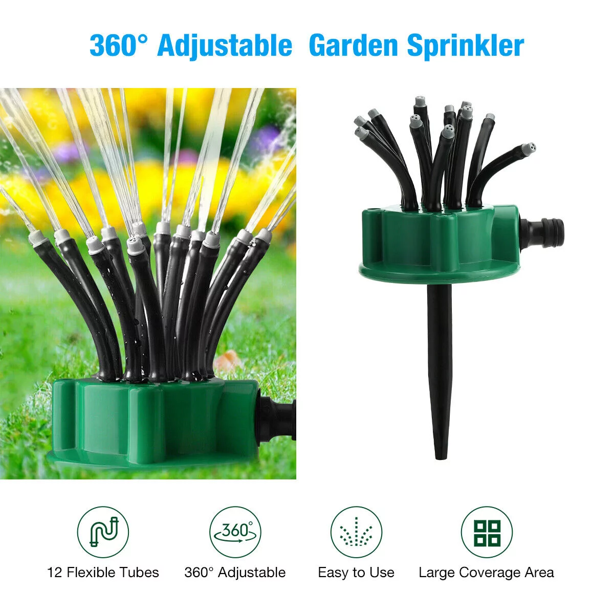 Harnent 360° Flexible 12 Tubes Garden Yard Lawn Water Sprinkler Watering Sprayer System