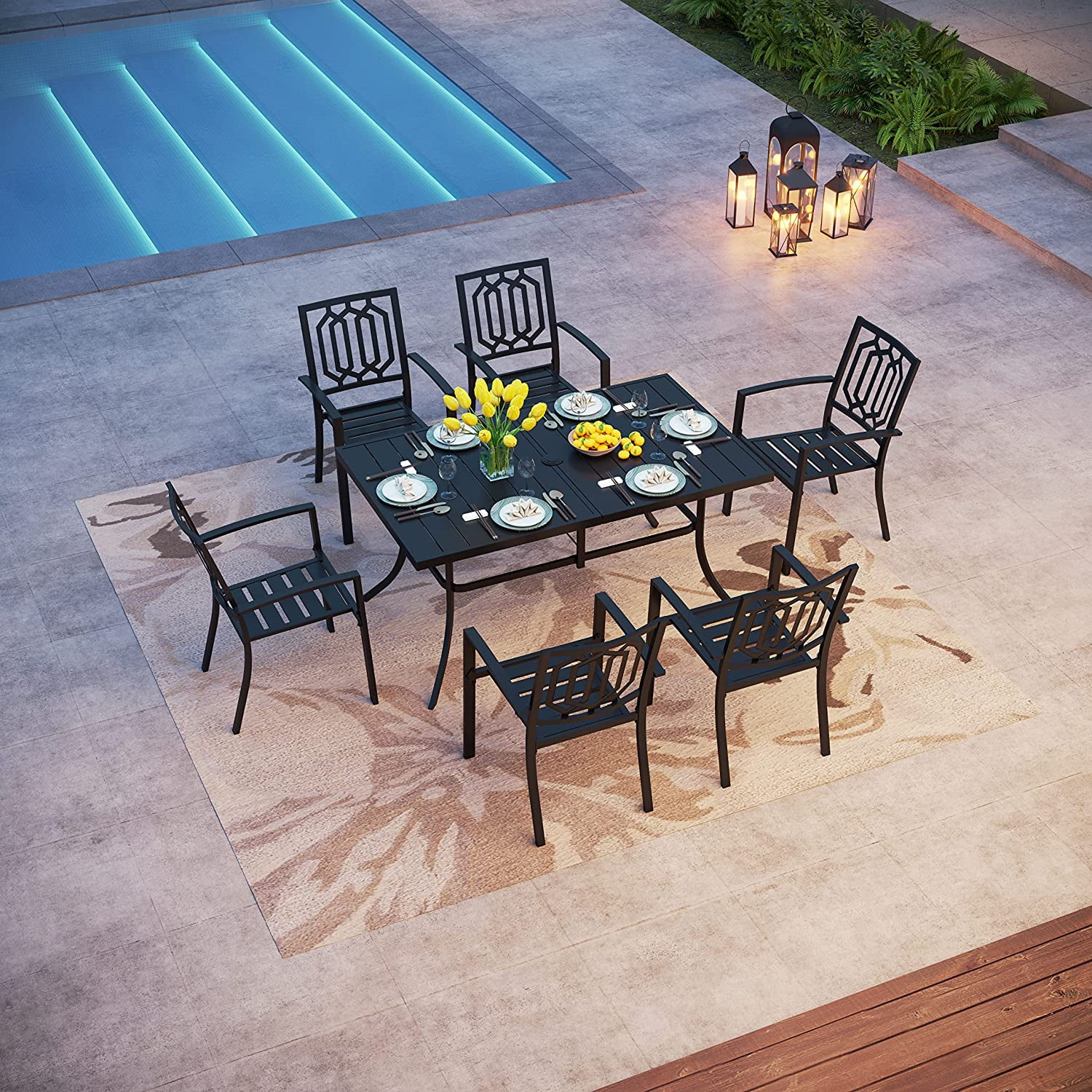 VILLA Patio Dining Set 7 Piece  6 Person Outdoor Table and Chairs with 6 Bistro Chair & 60" x 38" Rectangular Large Metal Dining Table(1.57" Umbrella Hole)