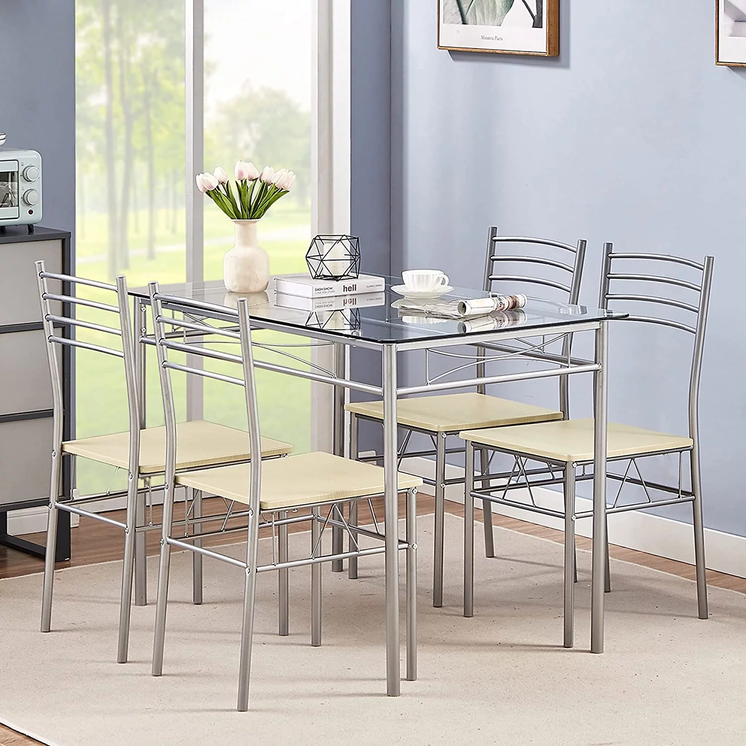 MINGFENG Kitchen Dining Room Table and Chairs 4, 5-Piece Dinette Sets, Space Saving (Silver), 43.3