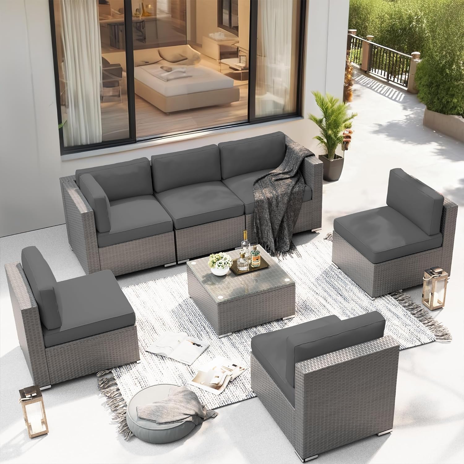 Dina Outdoor Patio Furniture 7-Piece Patio Grey Wicker Modular Sectional Sofa Seating  Patio Conversation Set with Glass Coffee Table (Dark Red Cushion)