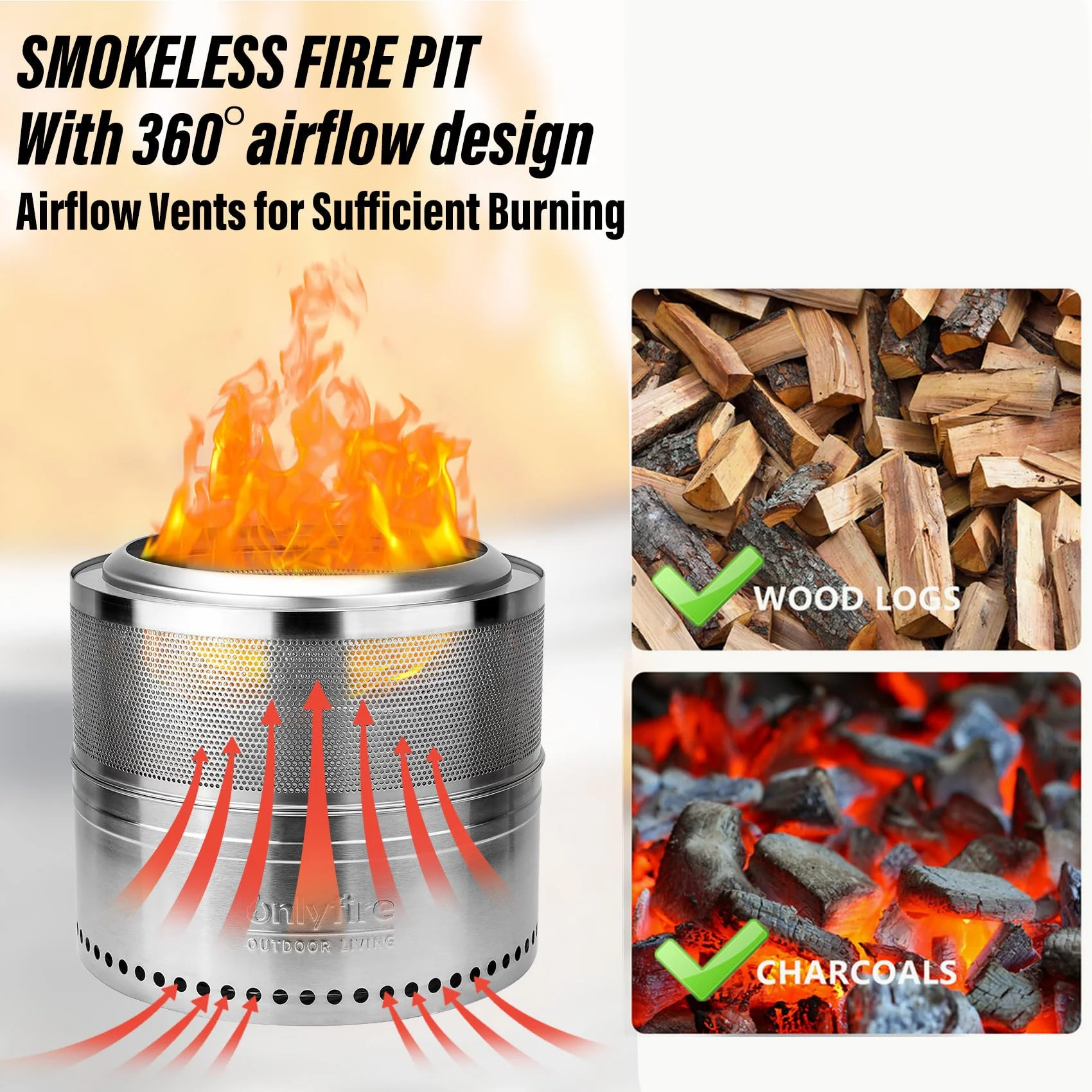Only Fire 20in Smokeless Fire Pit with Carrying Bag Hollow Style, , 360°Air Flow Design Wood Burning Fireplace, Stainless Steel