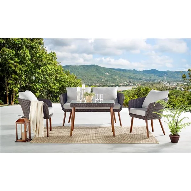 26 in. Athens All-Weather Wicker Outdoor Conversation Set with Cocktail Table, Chairs & Two-Seat Bench - Set of 2