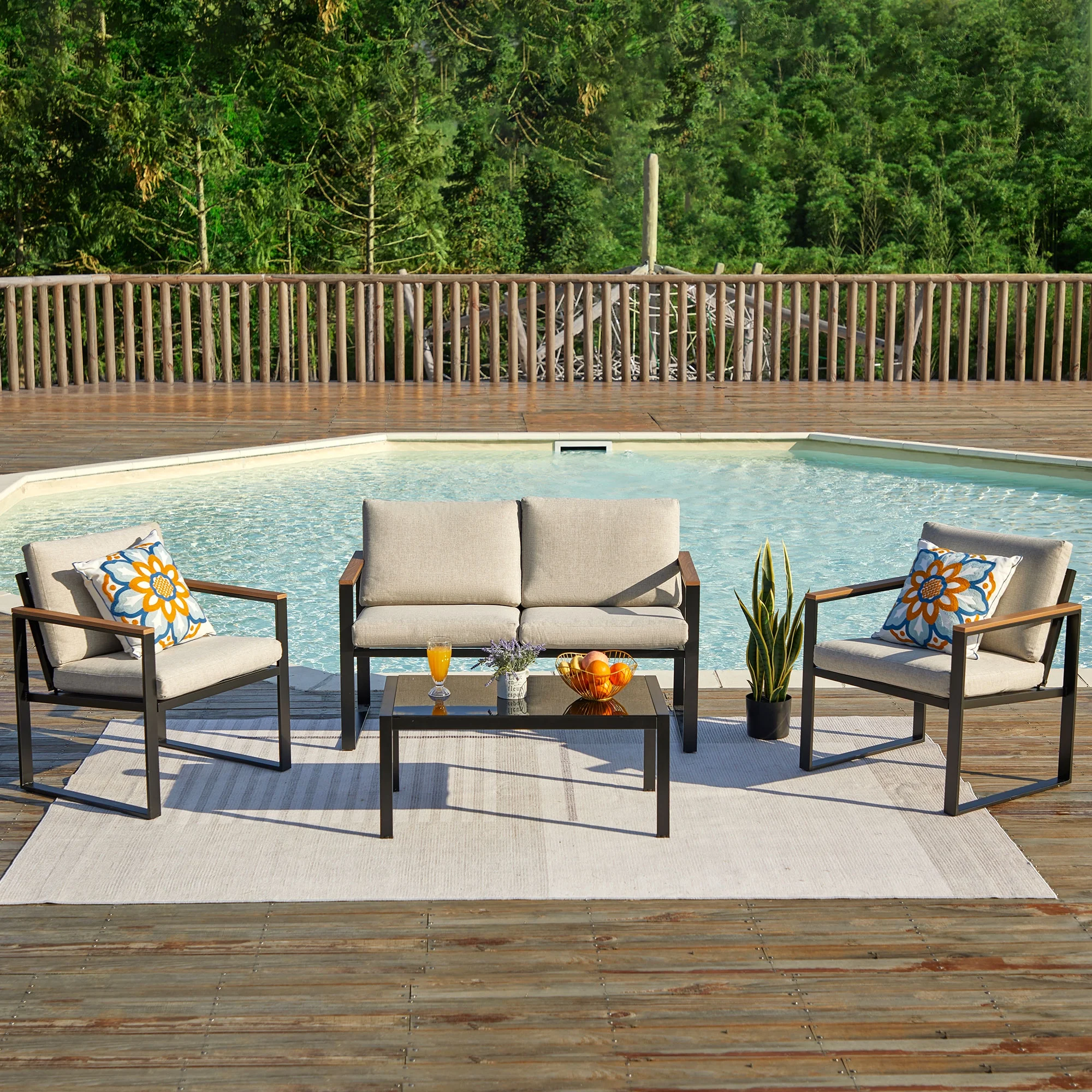 Natural Expressions 4 Pieces Conversation Set, Beige Rectangular Modern Patio Furniture Set