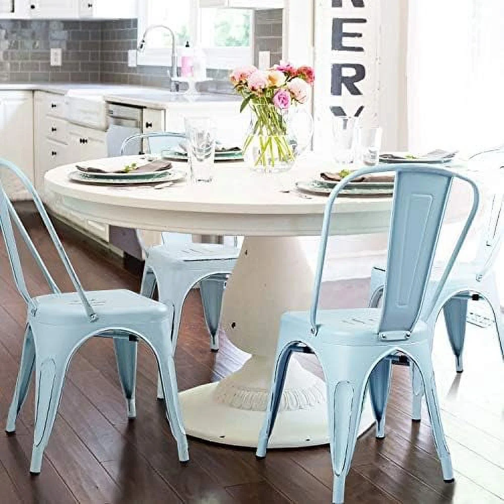 HBLUKDL Metal Indoor-Outdoor Use Stackable Kitchen Trattoria Side Chic Dining Bistro Cafe Chairs with Back Set of 4 (Distressed Blue)