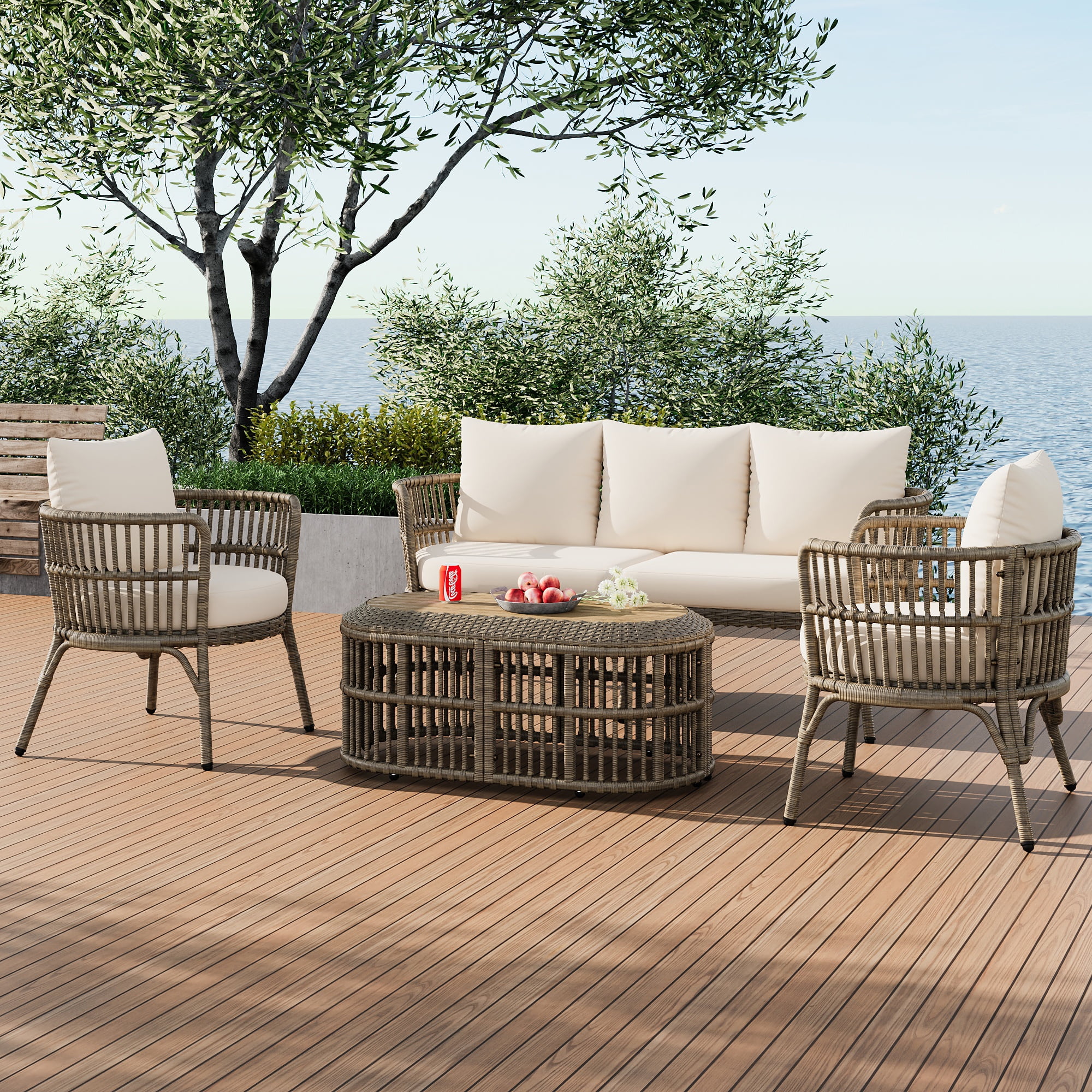 Glavbiku 4 Seater Rattan Outdoor Patio Conversation Set with Coffee Table for Garden,Brown