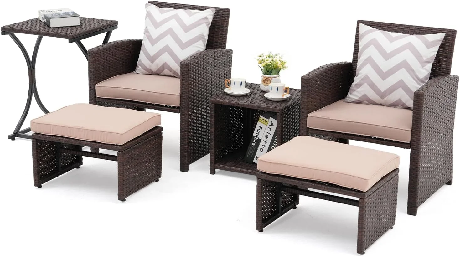 Dina 6 Piece Patio Wicker Furniture Set  Balcony All Weather Rattan Chair  with Space Saving Ottoman  Resin Nesting Coffee Table  Modern Design  Dark Grey