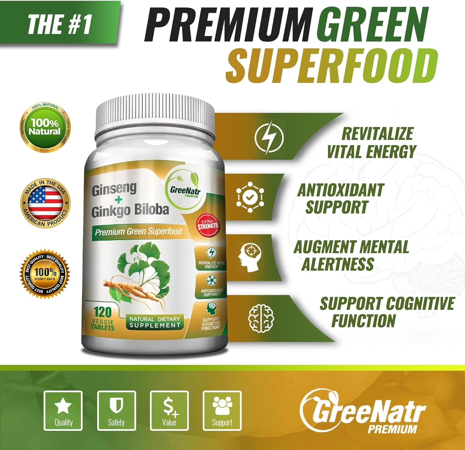 Panax Ginseng + Ginkgo Biloba Tablets - Premium Non-GMO/Veggie Superfood - Traditional Energy Booster and Brain Sharpener (120 Tablets)