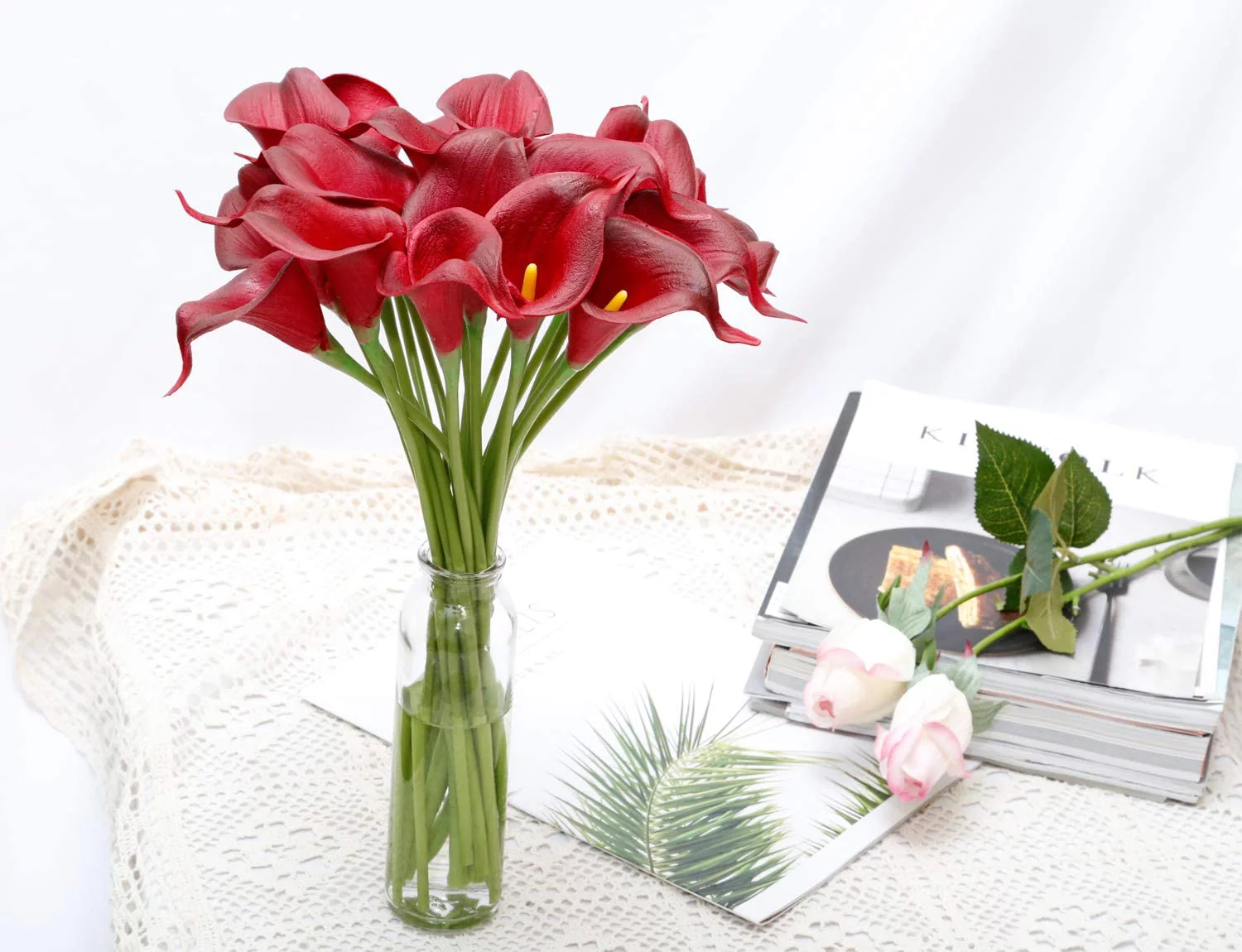 OKbus 20 Pack Artificial Flowers Calla Lilly Large Latex Fake Bouquet Soft Real Touch Long Stem Plants - Burgundy