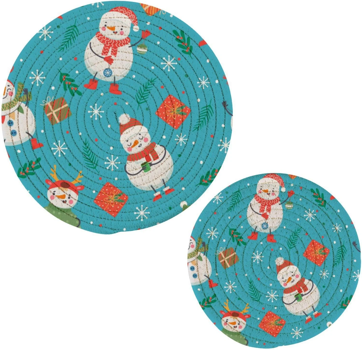 SKYSONIC 2Pcs Trivet Pot Holder, Snowman Snowball Round Woven Potholders Set Cotton Braided Hot Pads Coasters Table Mats for Cooking and Baking