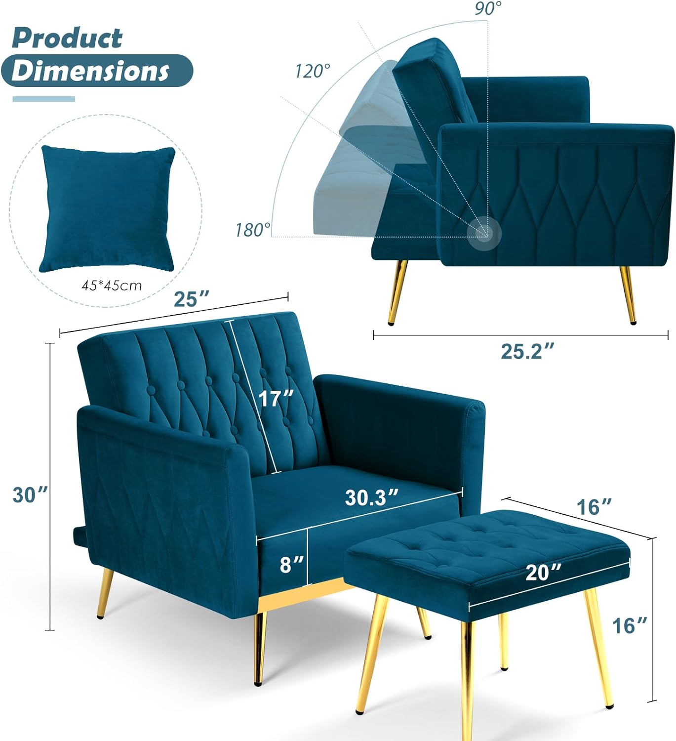 HBROLJF Velvet  Chair with Adjustable Backrest and Armrests  Single  Armchair with Ottoman and Golden Mental Legs  Room  Bedroom and Waiting Room  Teal