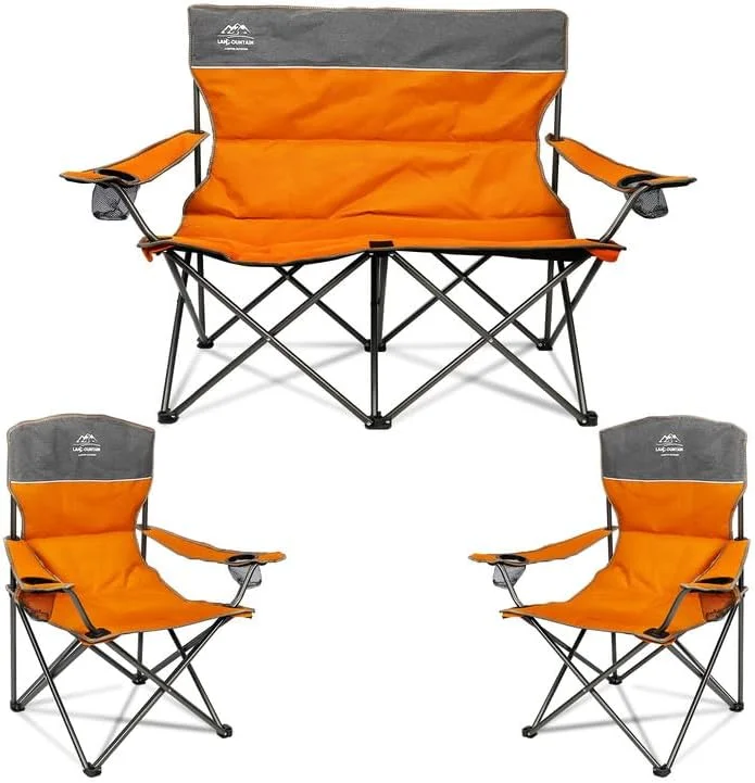 3 Piece Portable Camping Chairs Set,Folding Lawn Chair Set with Cup Holder,Outdoor Heavy Duty Comfy Chairs,Loveseat Chair Perfect for Family Hiking,Picnics and Beach Trips,Orange
