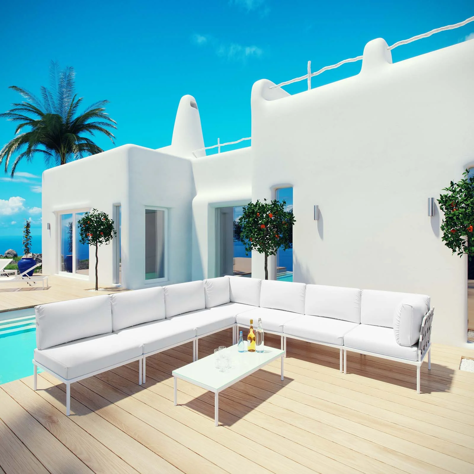 Modern Contemporary Urban Design Outdoor Patio Balcony Eight PCS Sectional Sofa Set, White, Rattan