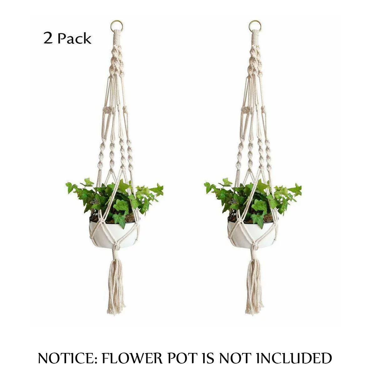 2 Pcs 41 Inch Plant Gardening Net Pocket Large Garden Supplies Plant Hanger Flower Pot Holder Lanyard Tassel Hanging Basket WHITE