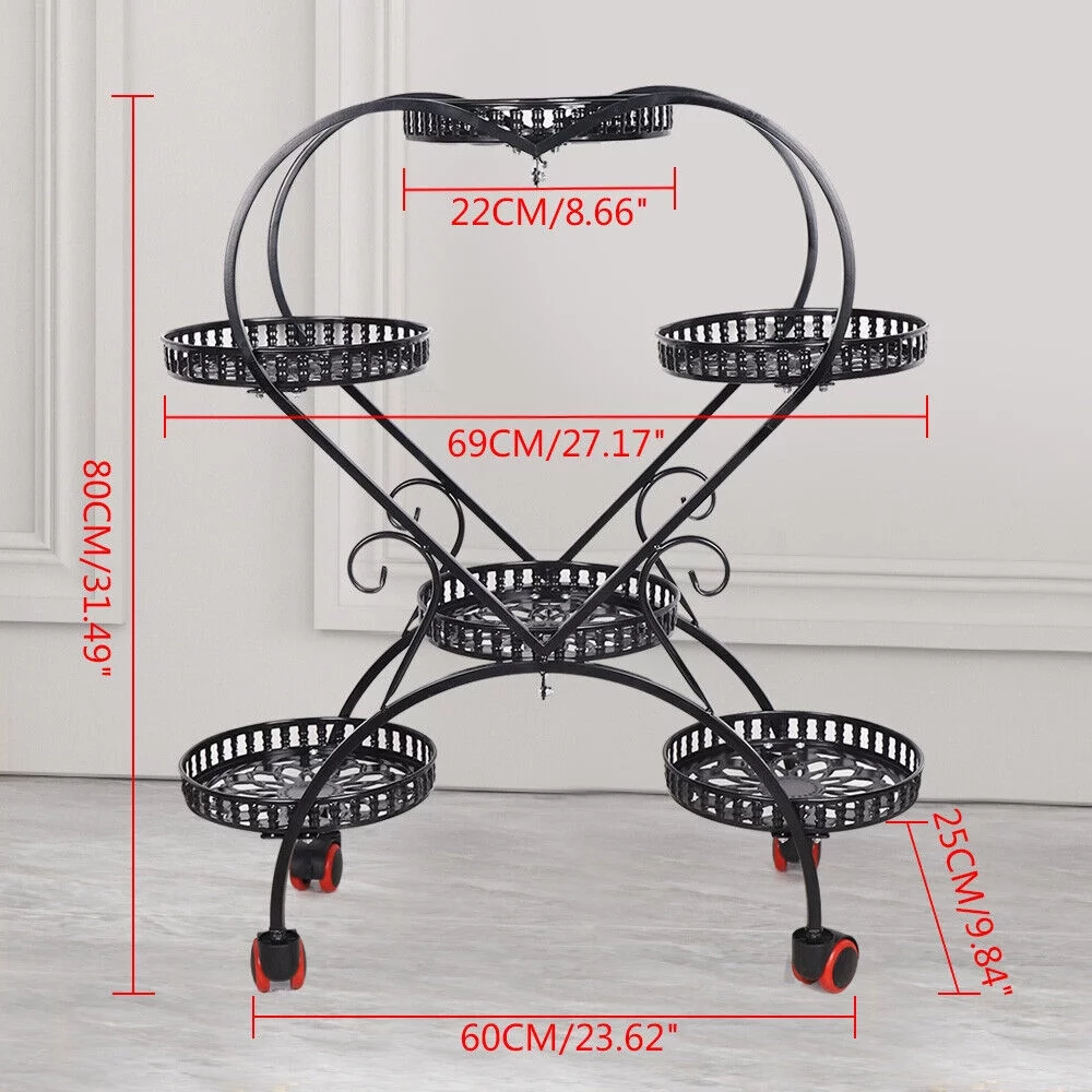 ZhdnBhnos 6-Pots Metal Plant Stand Rack Indoor/Outdoor Heart Shaped Garden Flower Holder Shelf Living Room Decor w/ Wheel Black Wrought Iron