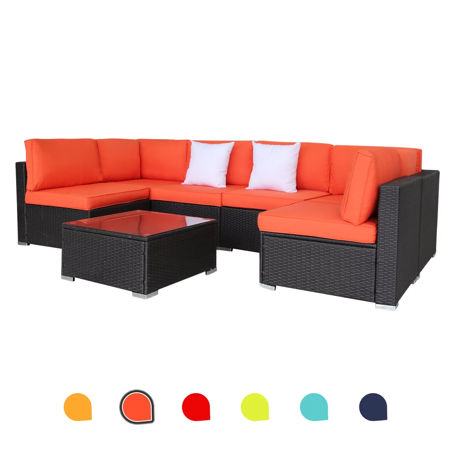 Outdoor Garden Terrace Orange Sofa Set of 7, PE Rattan and Small Yard Recreational Conversation Set with Cushions from Excited Work