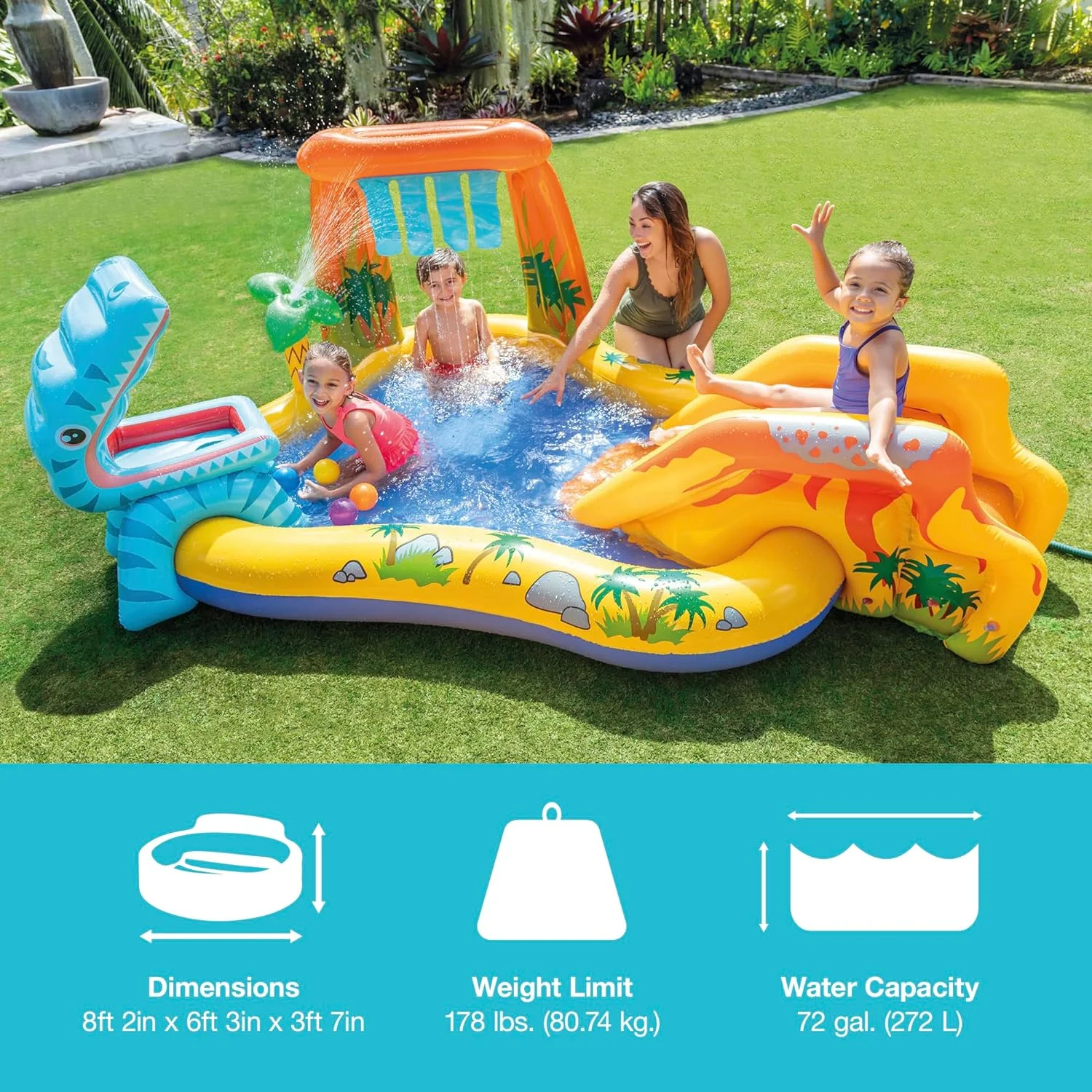 Inflatable Kids Dinosaur Play Center Outdoor Playhouse Inflatable Pool Water Park with Slide, Water Sprayer, Waterfall, and 6 Balls, Multicolor