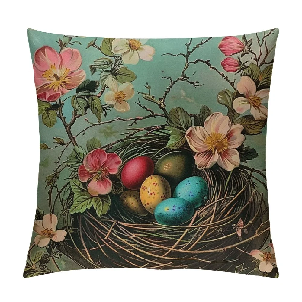 Awypu Happy Easter Throw Pillow Covers Vintage Peach Blossoms Bird nest Easter Egg Country Rustic Teal Comfort Square with Zipper Living Room Bedroom Dorm Couch Chair Pillow case