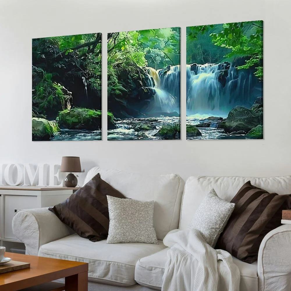 Nawypu Green Forest Canvas Wall Art Waterfall Pictures Wall Decor Green Nature Landscape Canvas Painting Calming Nature Scene Canvas Print Artwork for Living Room Bedroom,3 Piece