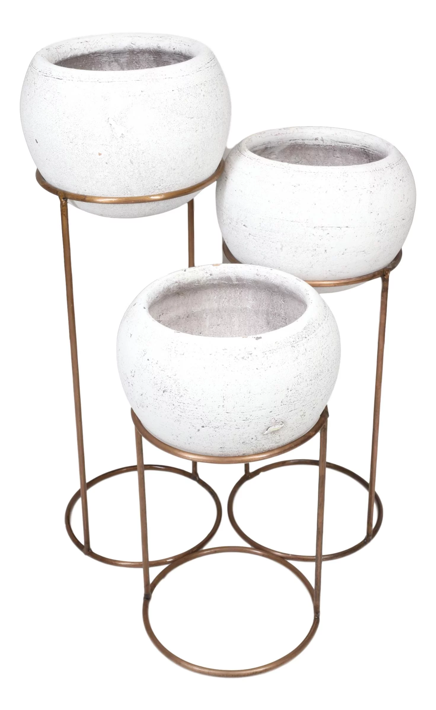 Set of 3 Modern 3 White Clay Vessel Planter Pots With Metal Wire Stands