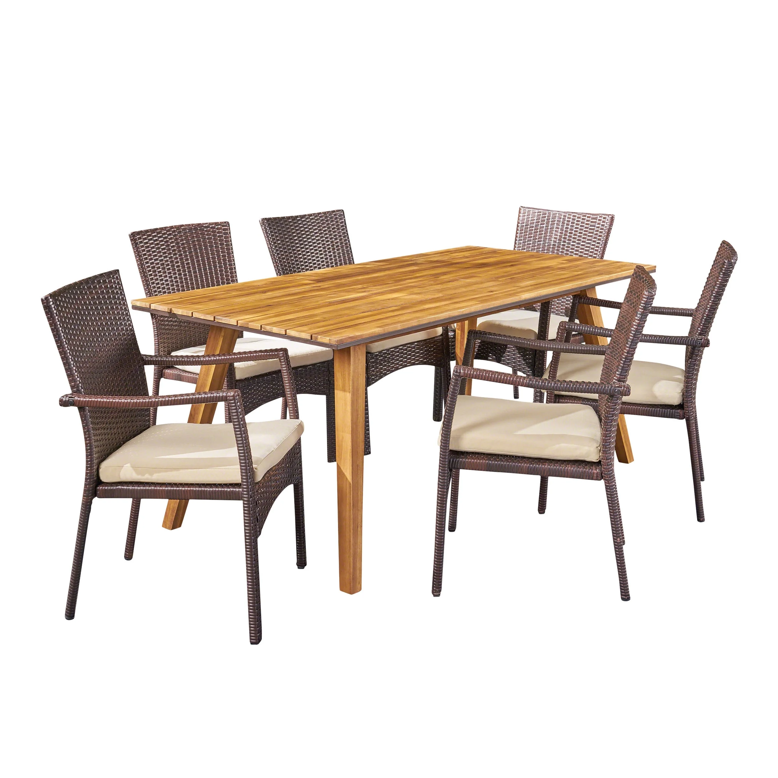 GDF Studio Goldsbys Outdoor Wicker and Acacia Wood 7 Piece Dining Set with Cushion, Teak, Brown, and Cream