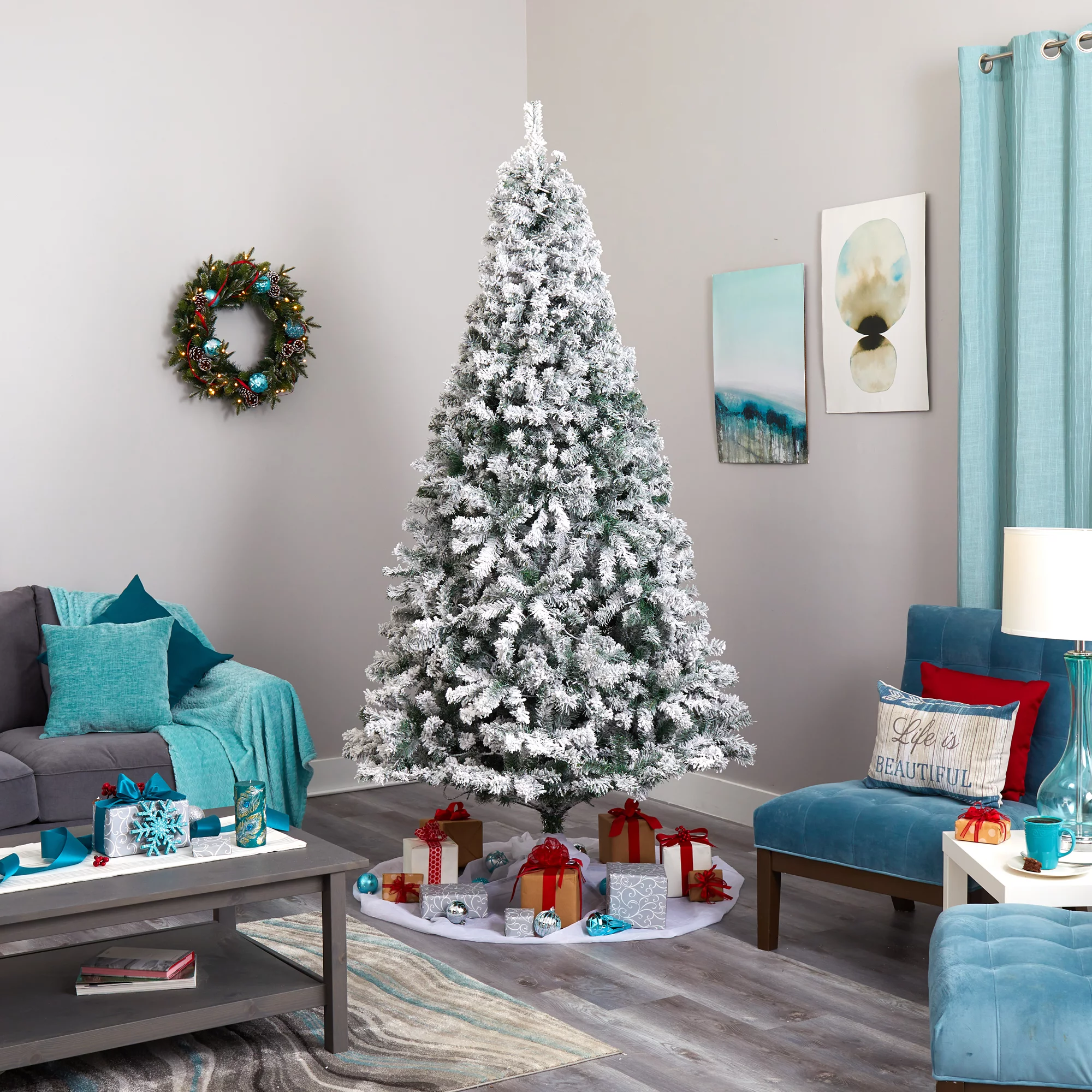 Nearly Natural 8’ Pre-Lit Flocked Rock Spruce Artificial Christmas Tree, Warm Clear LED Lights