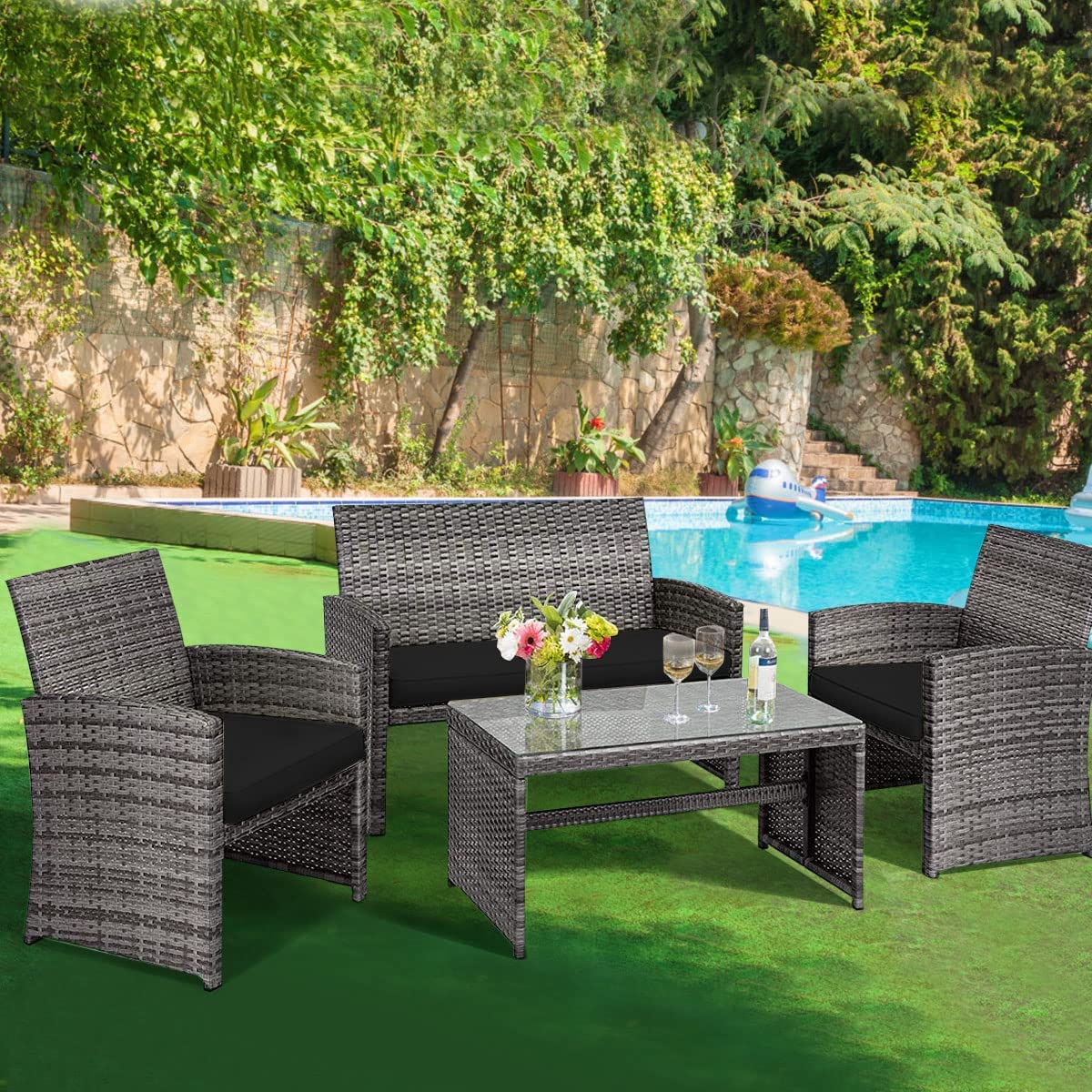 Dina 4 Piece Patio Conversation Set with Soft Cushions Rattan Furniture Set with PE Wicker Coffee Table & Sofa Chairs for Garden Poolside Porch Backyard