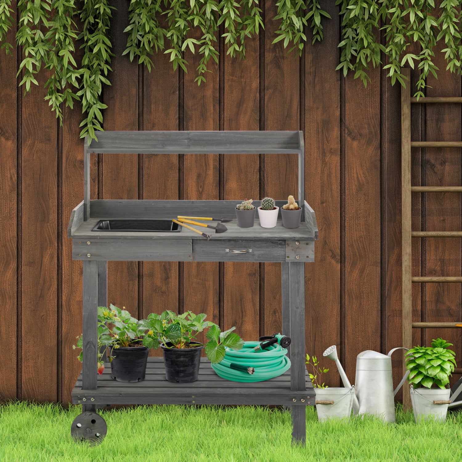 LEIYEHOOM 36‘‘ Wooden Potting Bench Work  with 2 Removable Wheels  Sink  Drawer & Large  Spaces  Gray