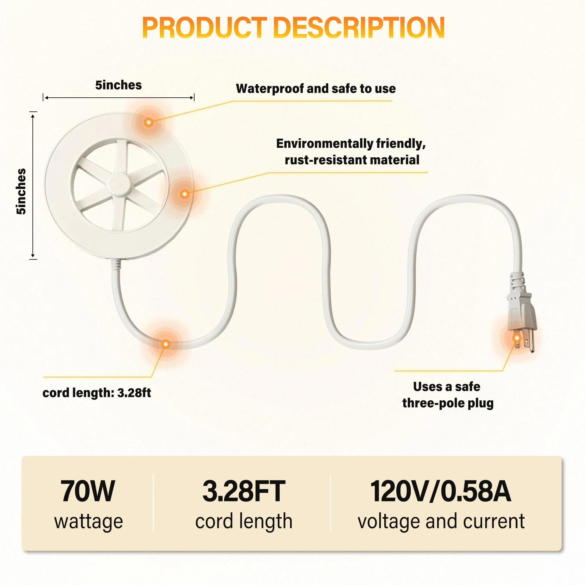 70W Bird Bath Heater with Thermostat and 3.28 ft Outdoor Cord
