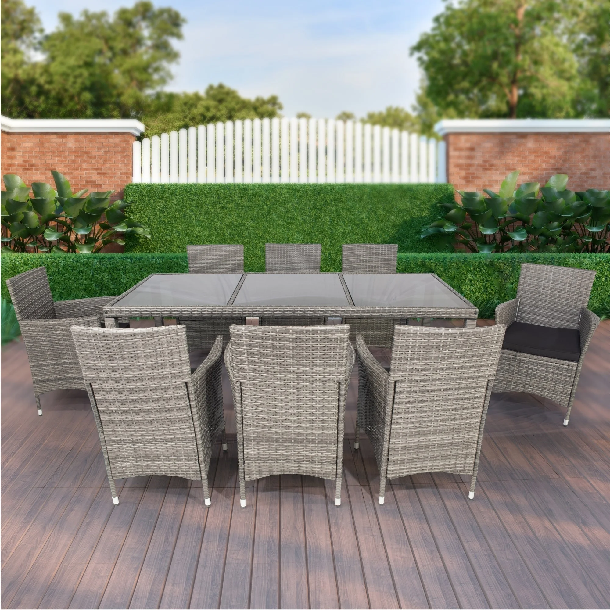 Woo 9 Pc Outdoor Patio Wicker Dining Set - Gray