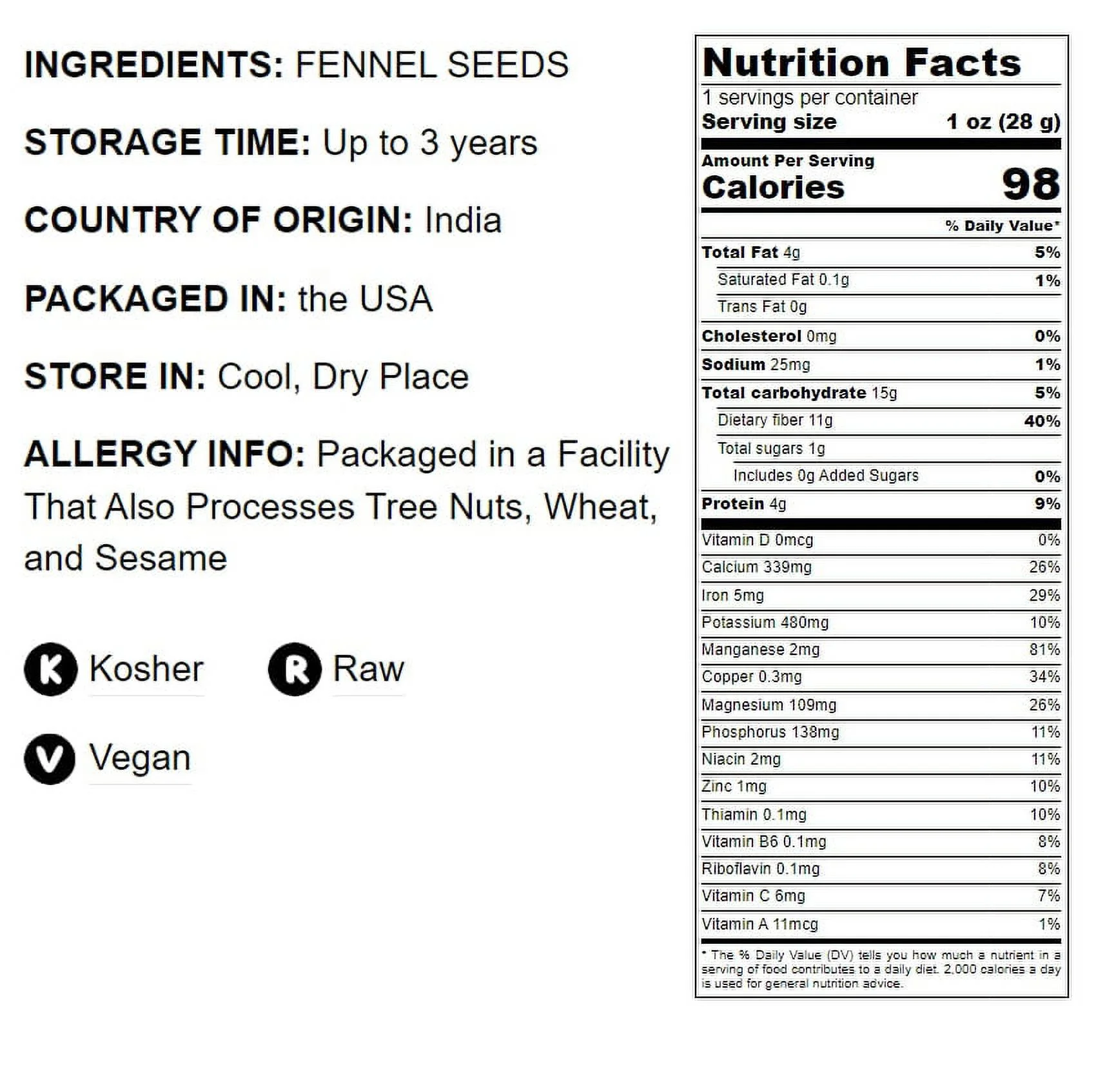 Food to Live, Fennel Seeds, Non-GMO Verified, 1 Pound, Raw