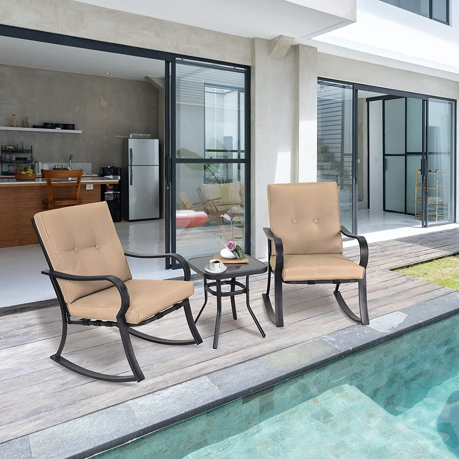 Incbruce 3 Piece Patio Bistro Set Outdoor Rocking Chairs Set, Porch Patio Chairs Set of 2 with Coffee Table (Brown Thickened Cushion)