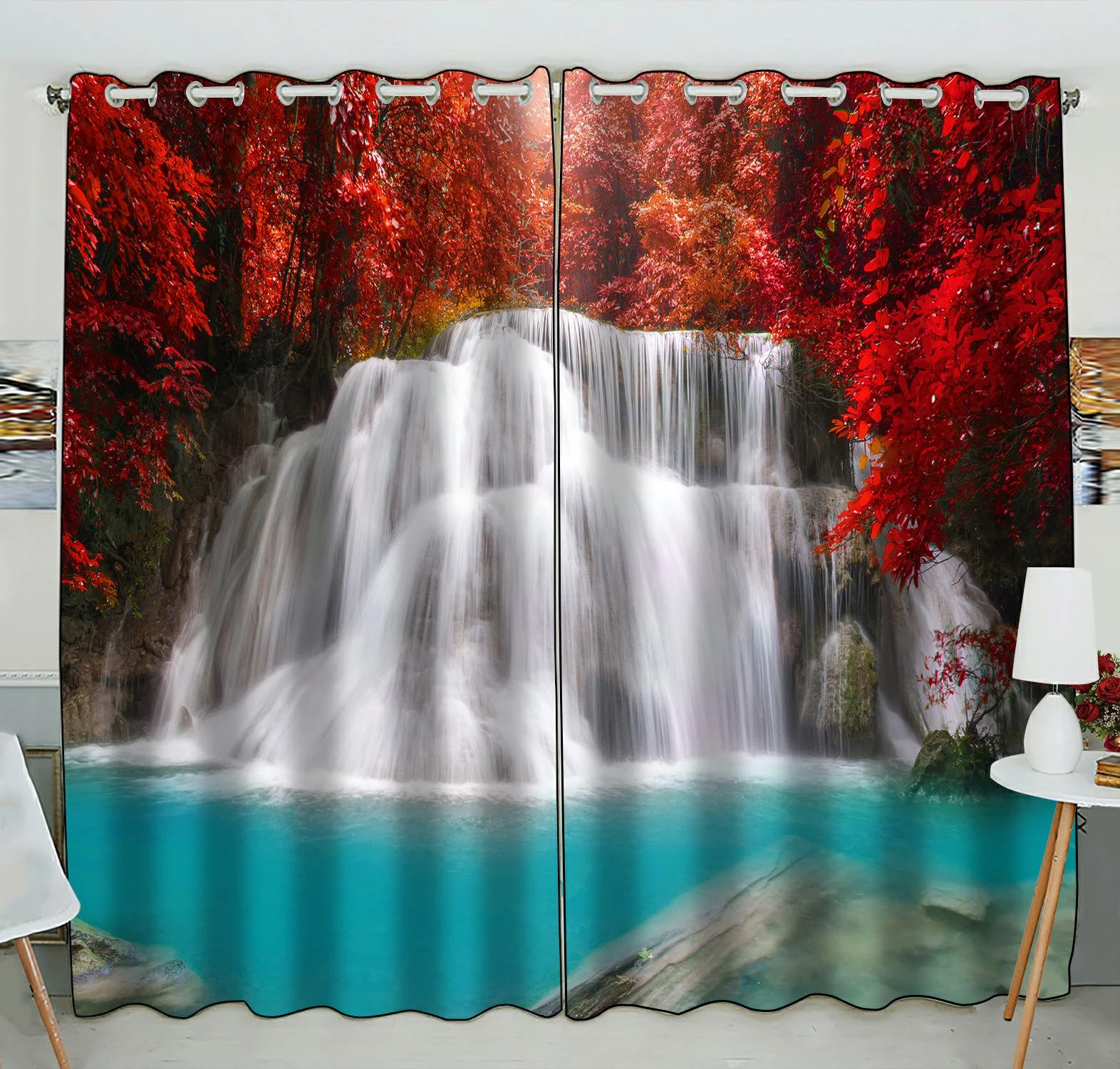 Phfzk Beautiful Tree Window Curtain, Waterfall In Deep Rain Forest Window Curtain Blackout Curtain For Bedroom Living Room Kitchen Room 52X84 Inches Two Piece