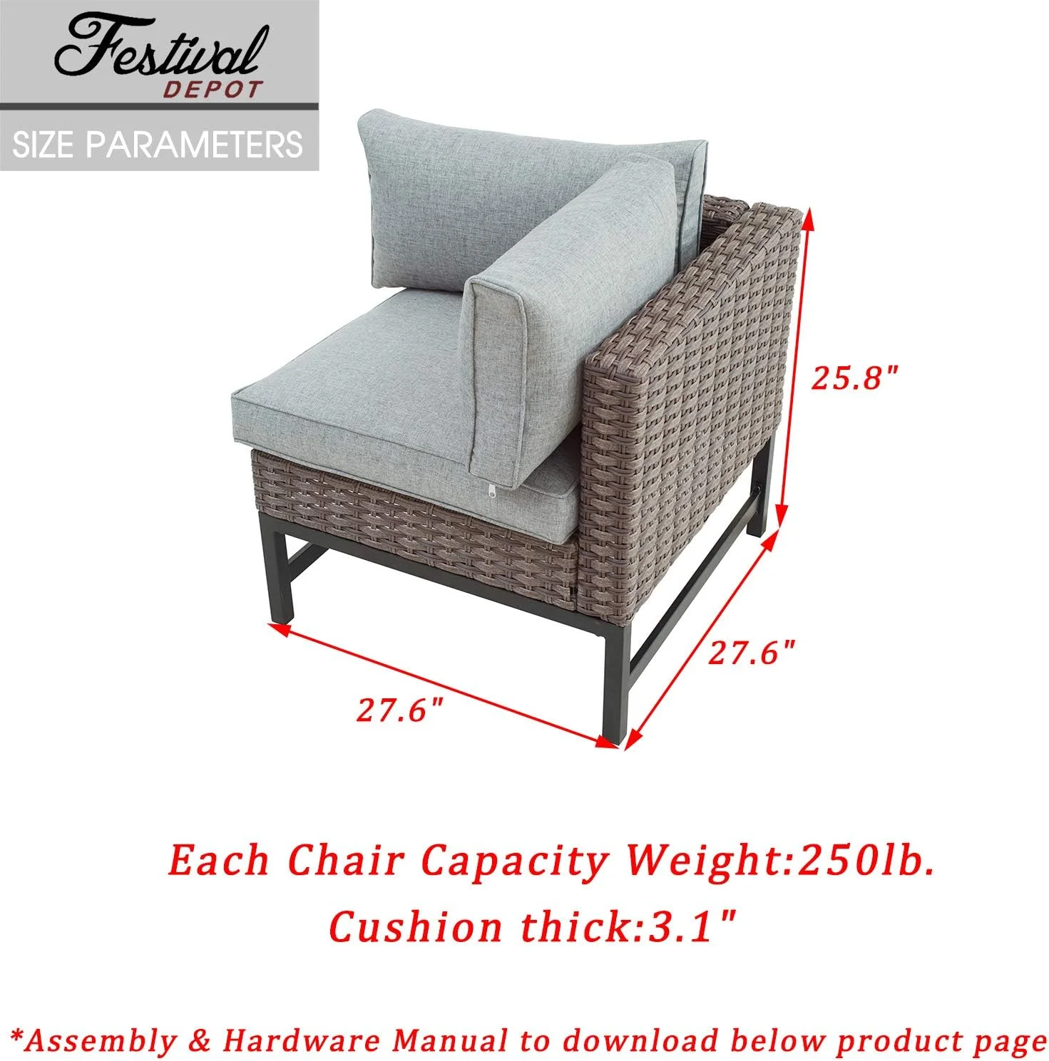 ASDRFYU Dining Outdoor Patio Bistro  Left Armrest Chair with Wicker Rattan Armrest Premium Fabric Comfort&Soft 3.1" Cushion with Metal Slatted Steel Leg for Garden Poolside All-We