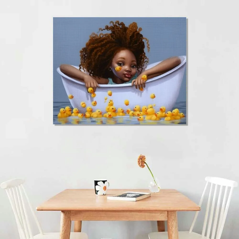 Lingy Curly Girl Afro African American Kid Girl Taking Bubble Bath with Ducks Watercolor Painting CANVAS PRINT Kids Room Nursery Decor Wall Art Black Kid Baby Art Home Decor Ready to Hang 20x16in