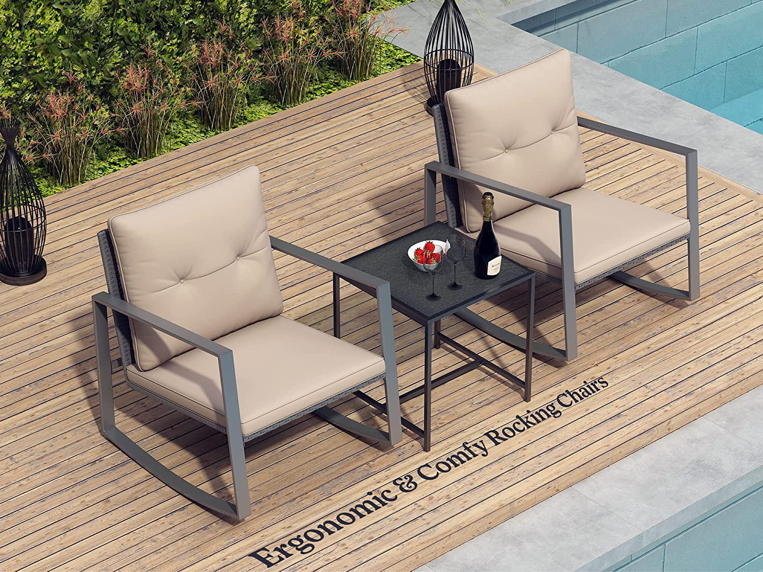 3 Piece Rocking Bistro Set - Synthetic Wicker Outdoor Furniture - Glass Coffee Table with 2 Chairs for Balcony, Patio & Porch - Black Metal, Soft Cushions (Coffee)
