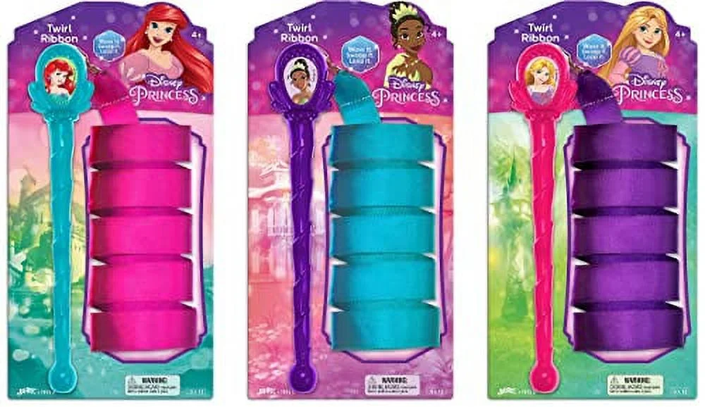 JA-RU Disney Princess Rainbow Ribbon Wands (3 Assorted + Sticker) Rapunzel, Ariel or Tiana. Gymnastics Equipment for Kids 4+ | W-7815-3