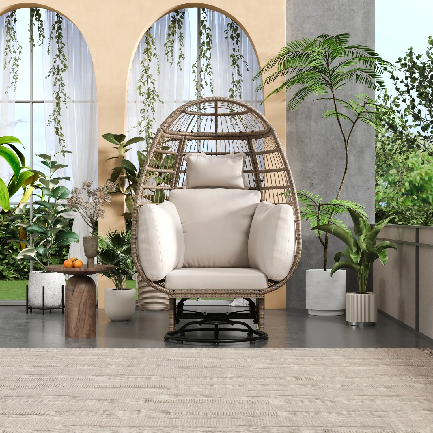 Comfortable and Stylish TREXM Outdoor Swivel Chair with Cushions  featuring a Rocking Function  perfect for your Balcony  Poolside or Garden. Made of Natural Wicker and adorned with a Bei