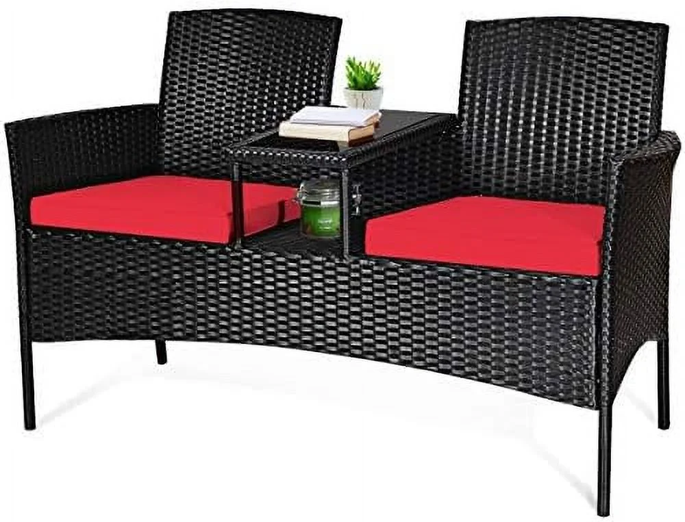 HYHBIBOOM Wicker Patio Conversation  Set  Outdoor  Set with Removable Cushions & Table  Tempered Glass Top  Modern Rattan Bench for Garden Lawn Backyard (White)