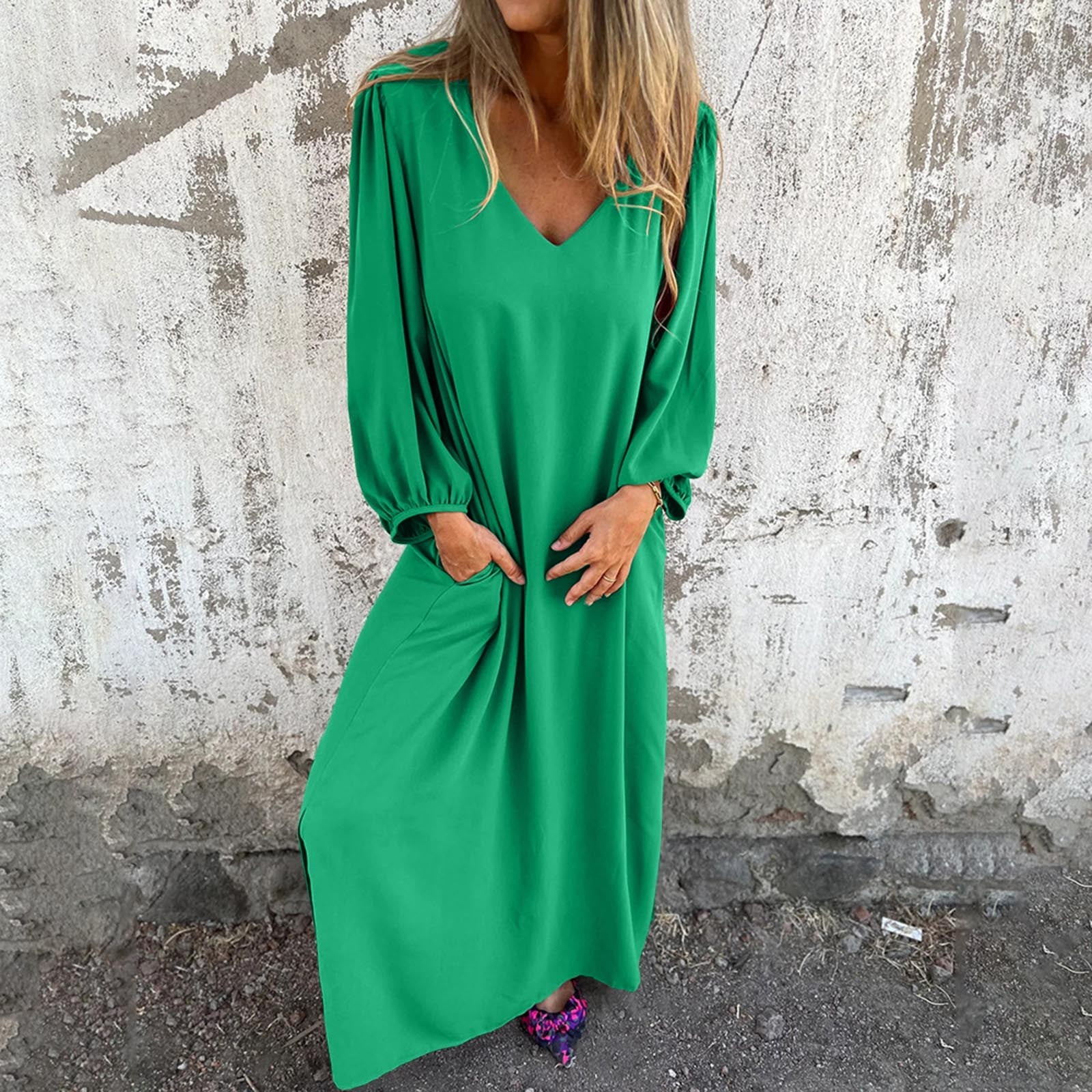 Winter Skater Skirt Women Casual Fashion Solid Color V Neck Dress Mid Long Sleeve Shirt Elegant Solid Dress Denim Maxi Skirt