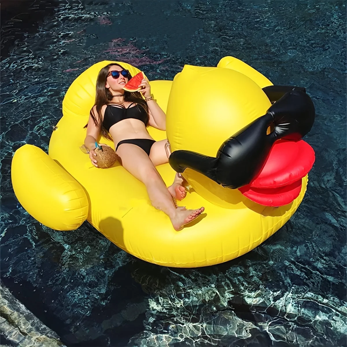1pc Big Yellow Duck Floating Raft, PVC Inflatable Water Toy With Two Beverage Holders