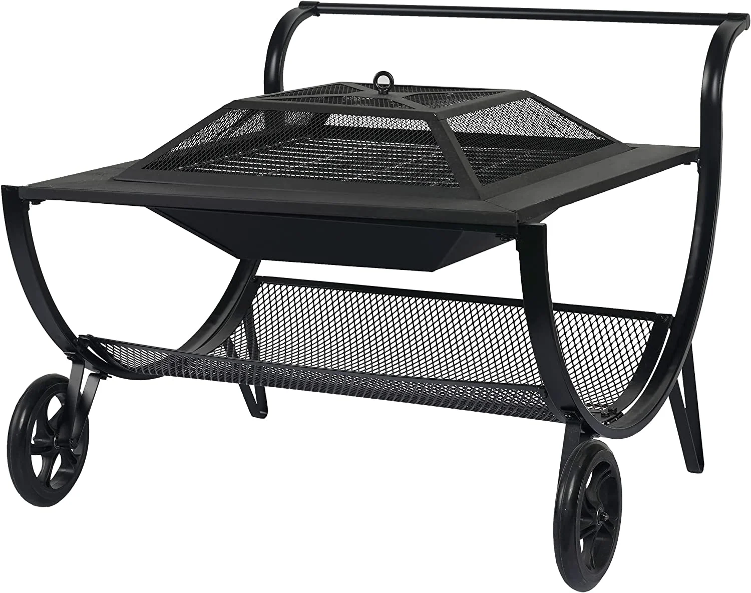 27 Inch Fire Pits Outdoor Wood Burning with Wheels, Steel Square Firepit with Grill, Grate, Spark Screen, Fire Poker, Portable Fire Pit for Outside Fireplace