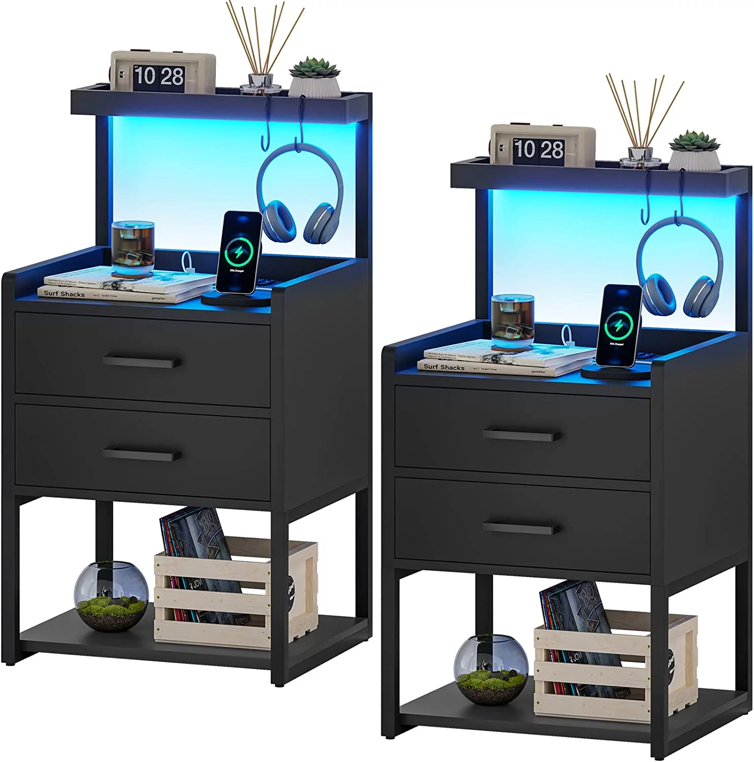 Set of 2 LED Nightstand with 2 Drawers&Charging Station&Led Lights, Modern End Side Table for Bedroom Living Room, Black