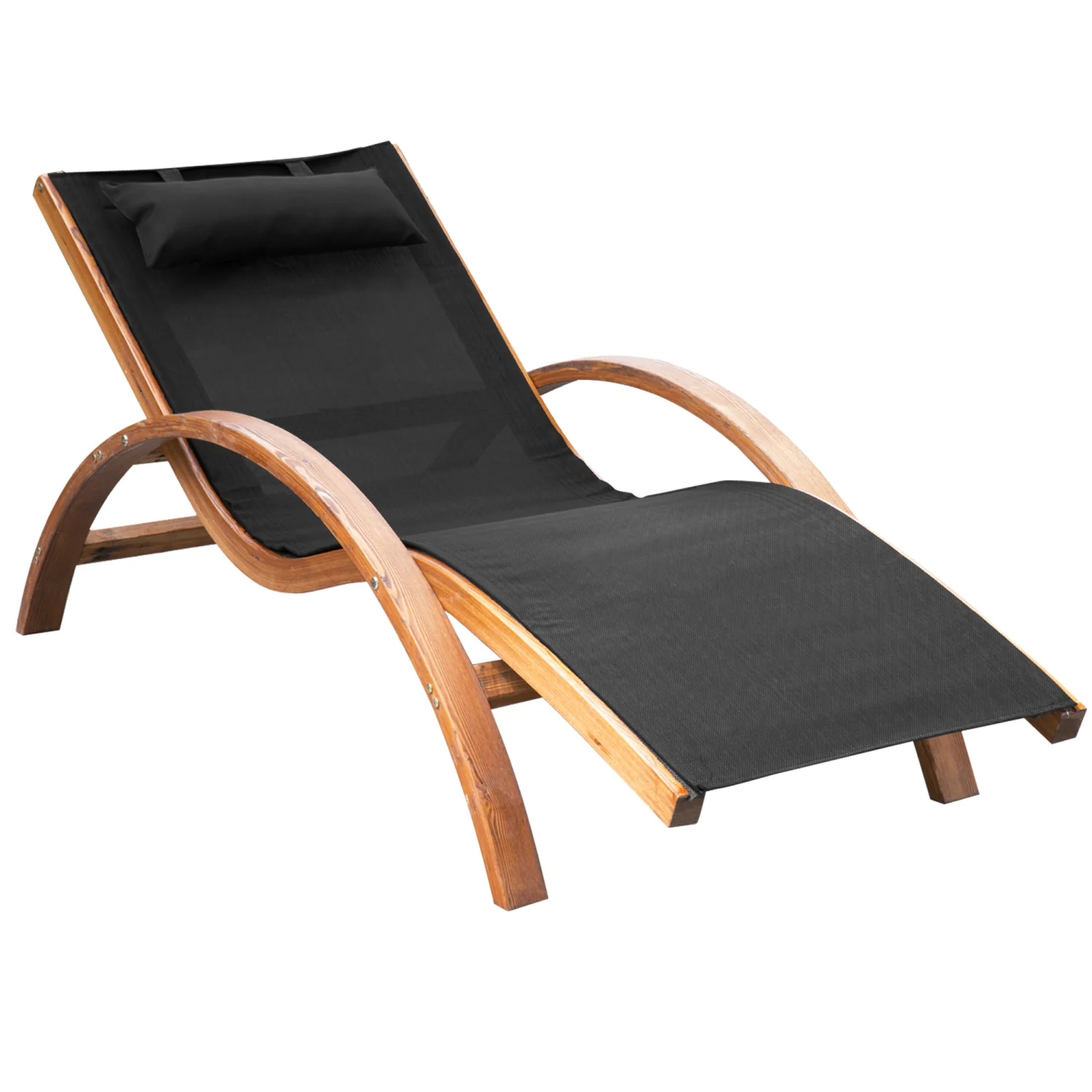 SJIOPL Outdoor Chaise Wood Lounge Chair with Pillow  Armrests  Breathable Sling Mesh and Comfortable Curved Design for Patio  Deck  and Poolside