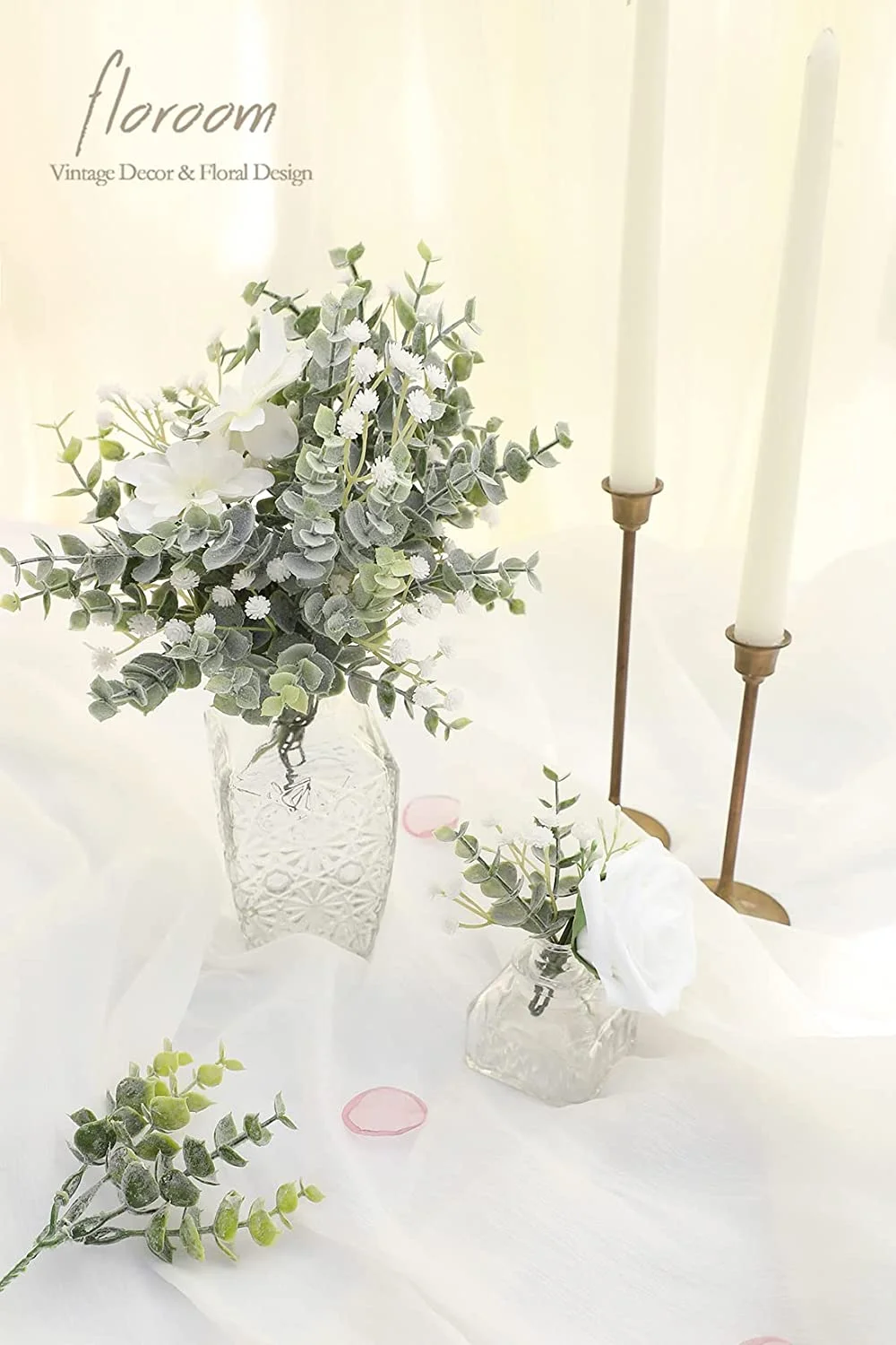 Floroom Artificial Flocked Eucalyptus Stems Faux Greenery Spray, 18pcs Best Filler Fake Plants for DIY Wedding Bouquet Centerpieces Arrangement