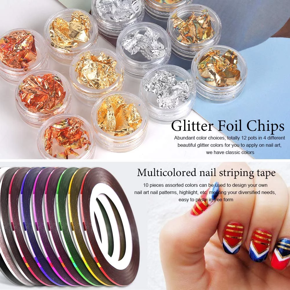 Suminiy.US Nail Art Kit | Nail Design Kit with 15 Brushes 5 Dotting Pen 10 Striping Tapes Thousands of Rhinestones Gems Crystals 12 Pots Foil Flakes
