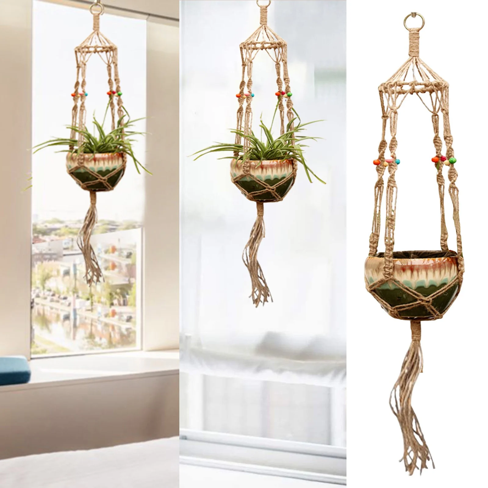 YDNGF Macrame Plant Hanger Indoor Jute Hanging Planter Basket with Wood Beads Decorative Flower Pot Holder No Tassels for Boho Home Decor Hanging Basket Woven Fine Rope