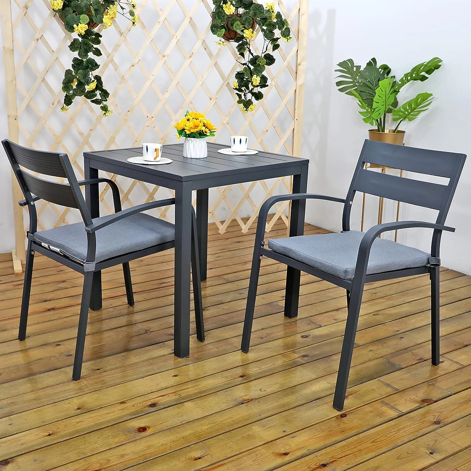3-Piece S Bistro Set Aluminum S Table and Chairs with Cushion Outdoor Dining Table Set, Dark Grey Finish & Grey Cushion